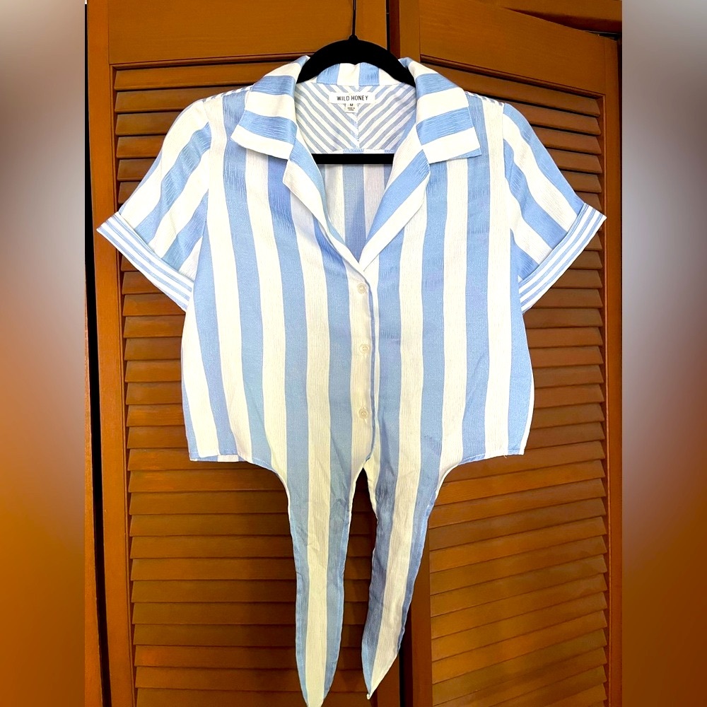 Wild Honey Sky Blue and White Striped Tie Front Shirt